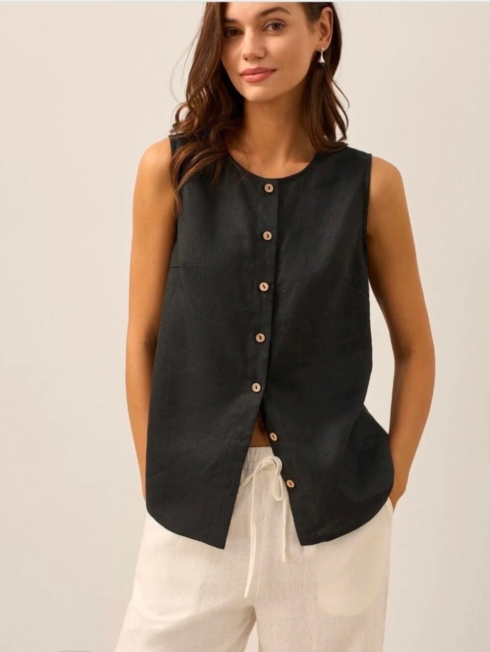 Lintico ERIN 100% Linen Chic Button Front Tank Top In Charcoal Black Size L EUC
